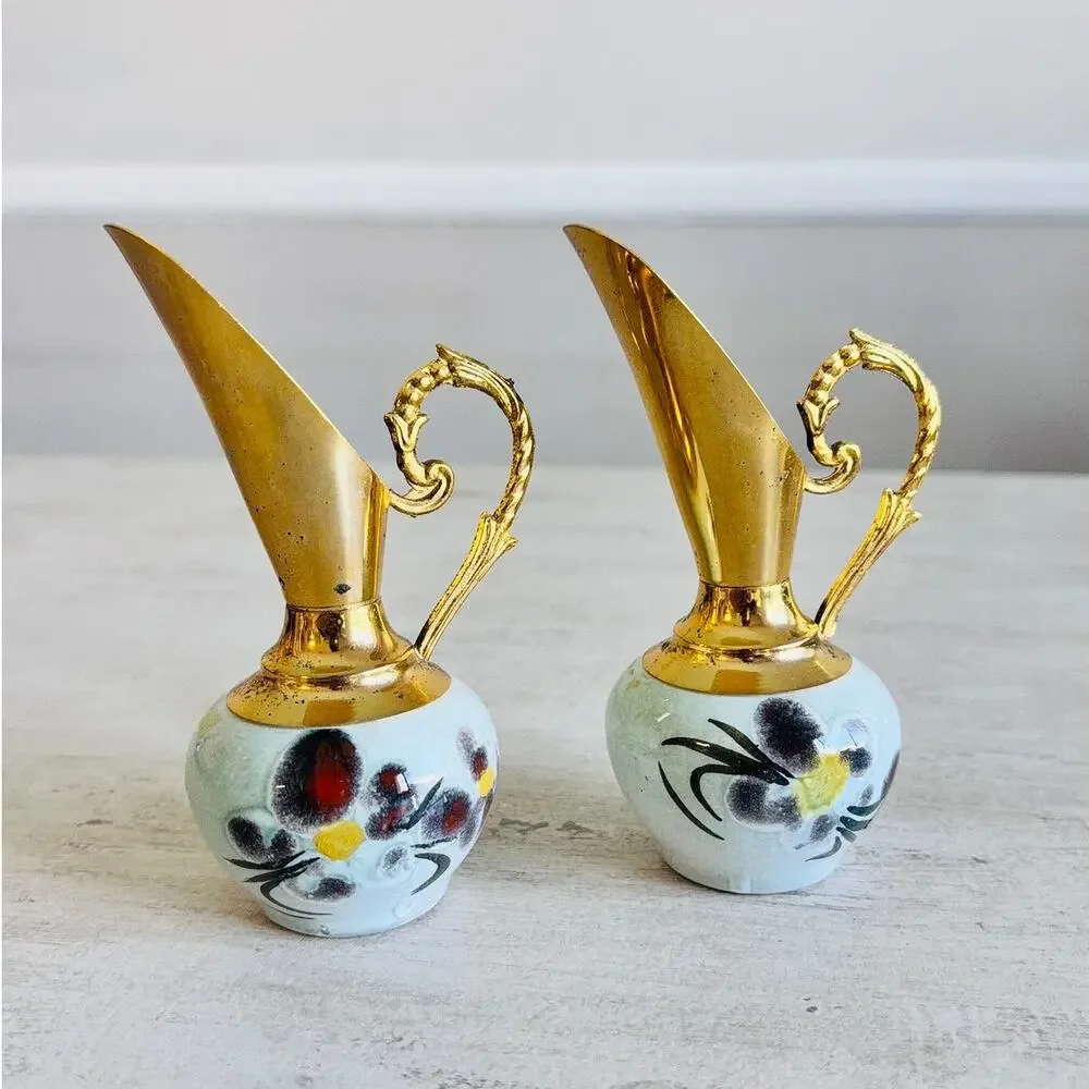French Floral Ceramic Ewer Pair Gold Gilt Doré à l'Or Fin Made France